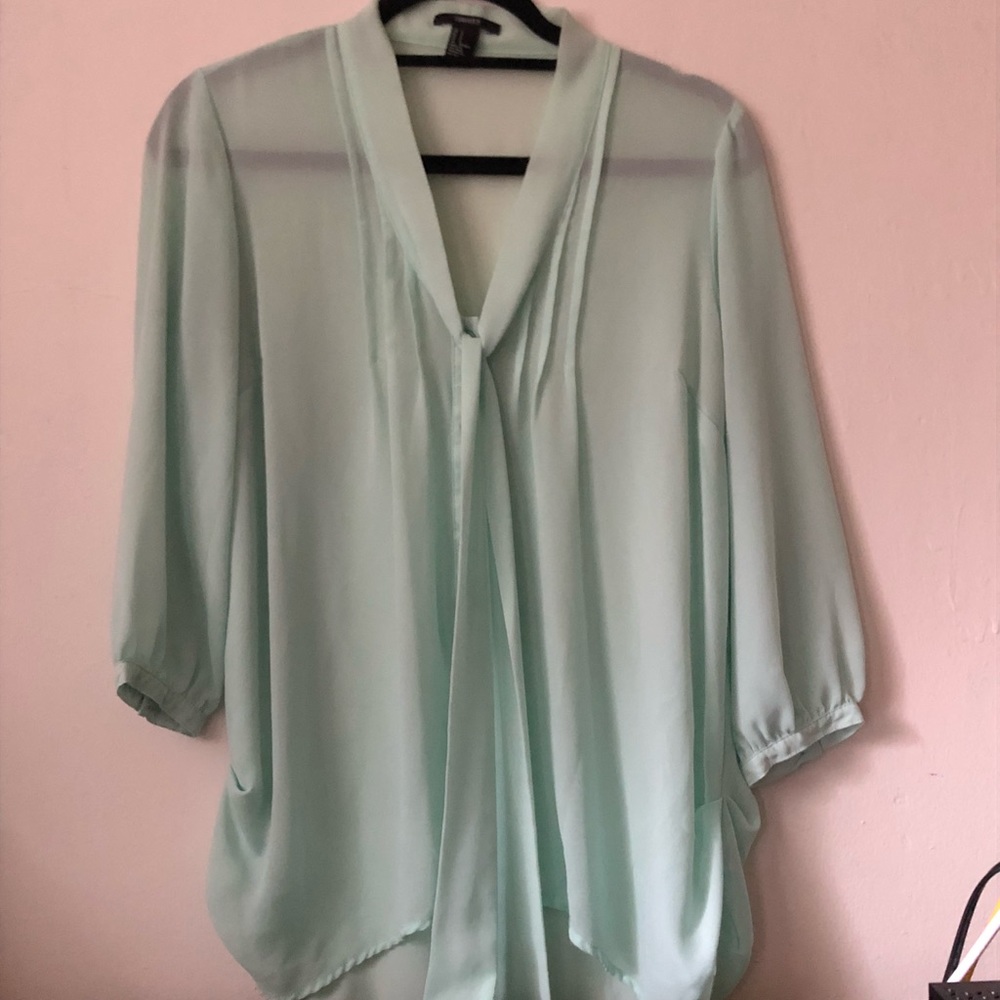 Turquoise blue sheer work blouse with neck tie
